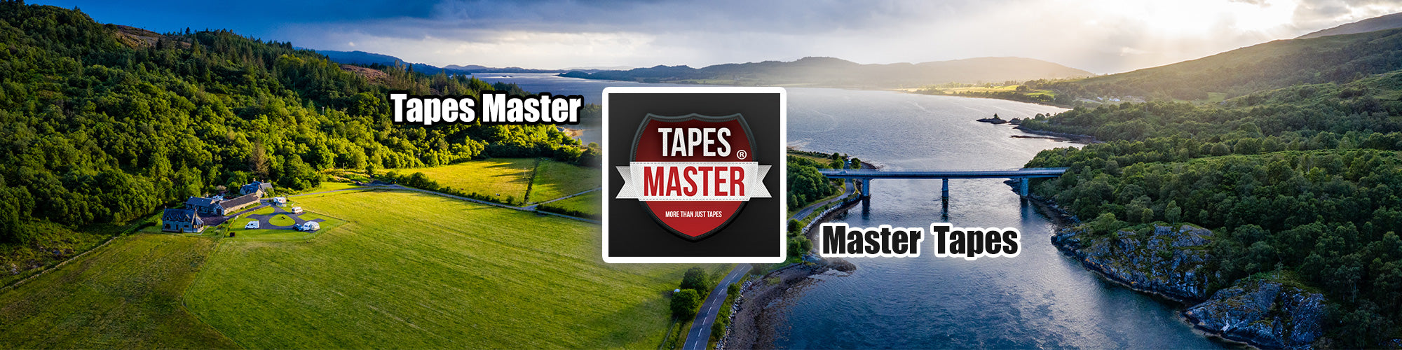 Tapes Master Banner - Tapes Master Logo with a background of mountain and river
