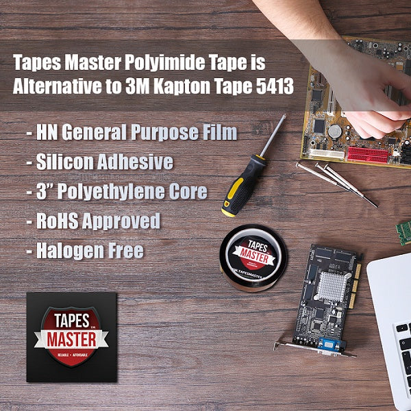 1/4" x 36 Yds - Tapes Master 1 Mil Kapton Tape - Polyimide High Temperature Tape with Silicone Adhesive - 3” Core, Hardware Tape- Tapes Master